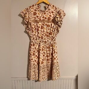 DR2 Cream and Brown Ruched Midi Sundress